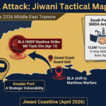 Infographic map of the BLA HMDF naval attack in Jiwani, Balochistan, including the SMDA activation and UAE debt demand, April 2026.