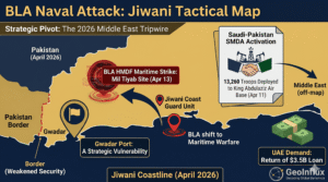 Infographic map of the BLA HMDF naval attack in Jiwani Balochistan including the SMDA activation and UAE debt demand April 2026 scaled 1